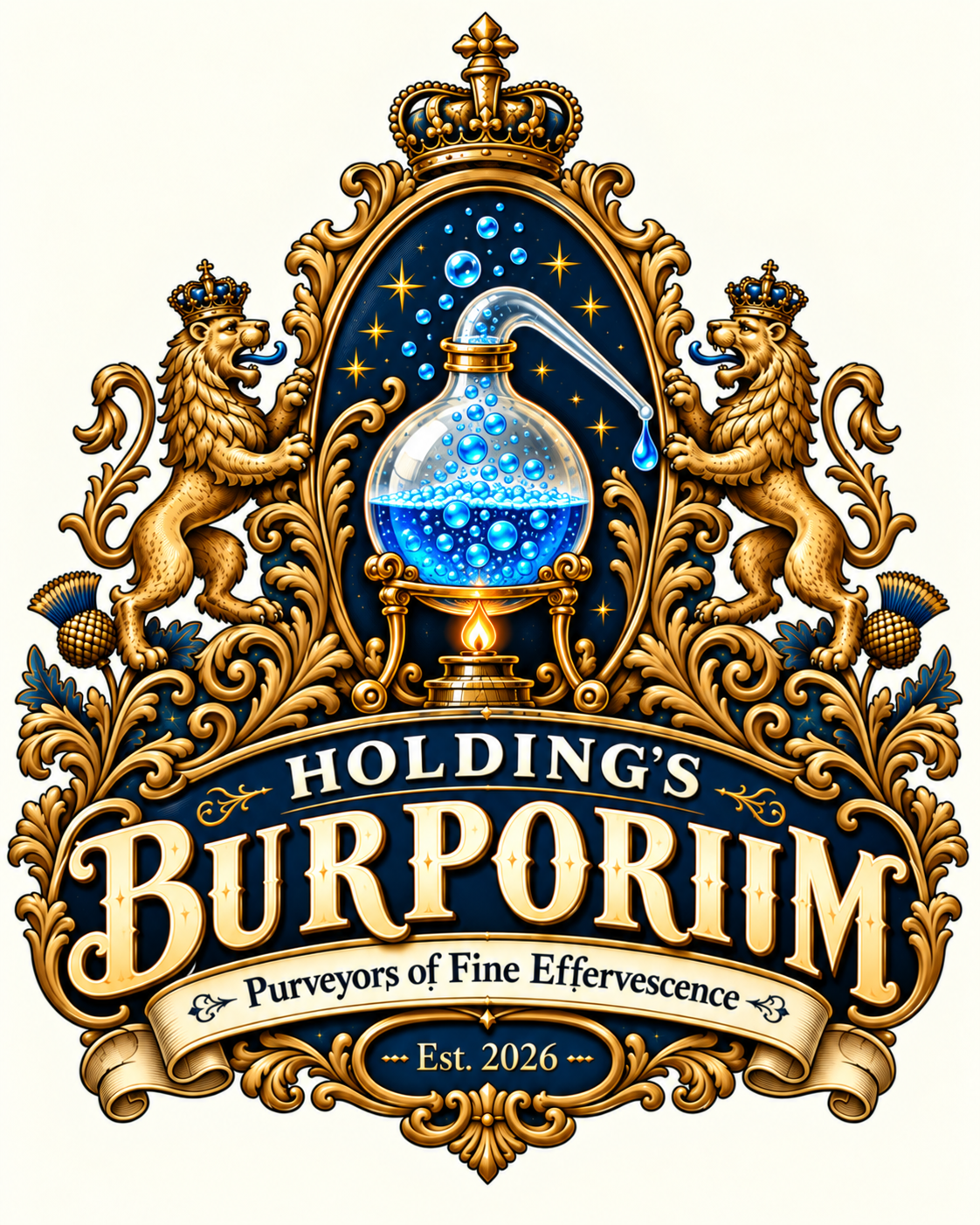 Holding's Burporium crest with bubbling retort